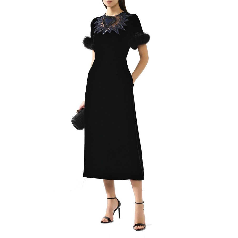Fur Trim Velvet Midi Dress
