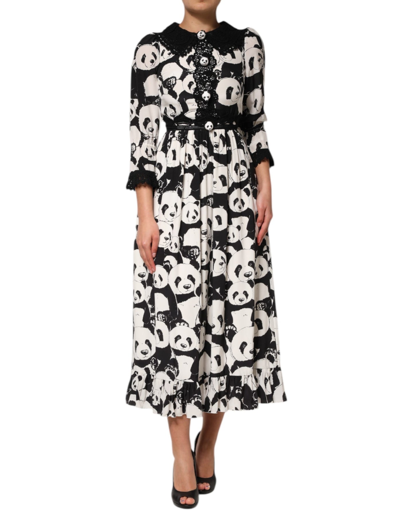 White Black Panda Print Flared Midi Dress