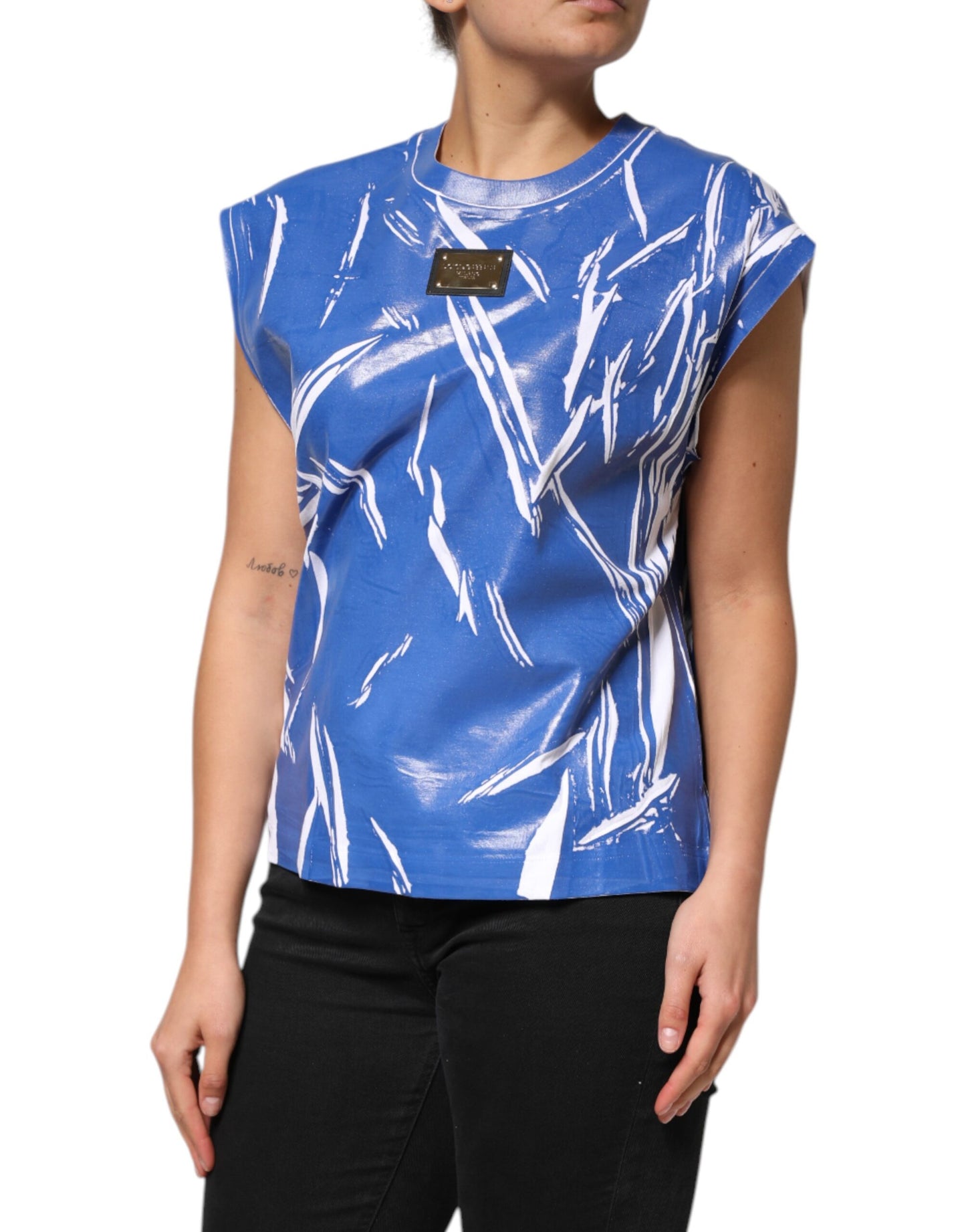 Dolce & Gabbana Blue White Cotton Logo Plaque Women Tank Top