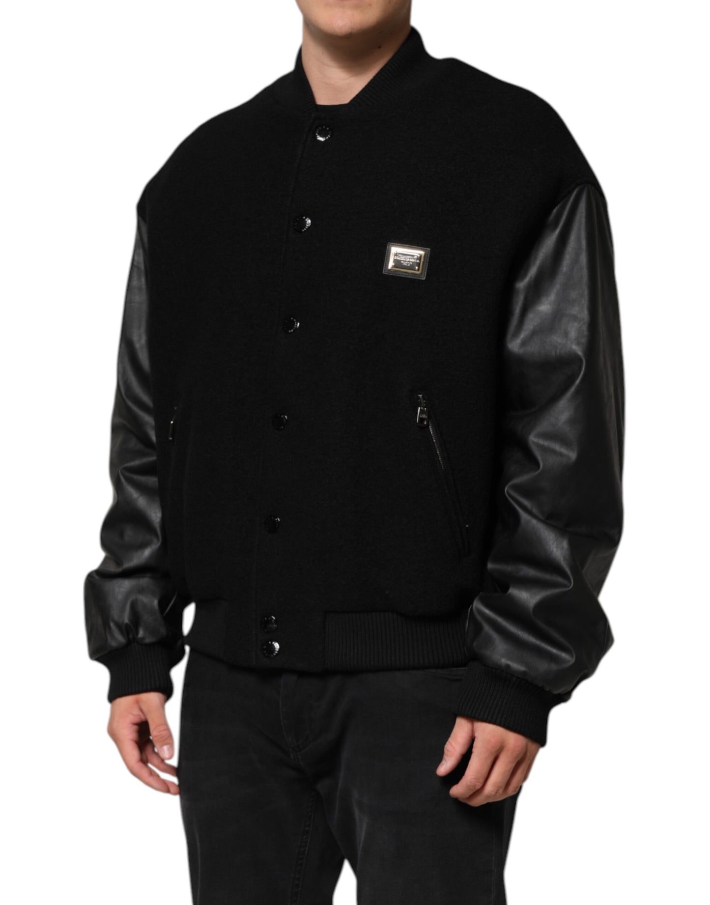 Black Wool Logo Plaque Bomber Jacket