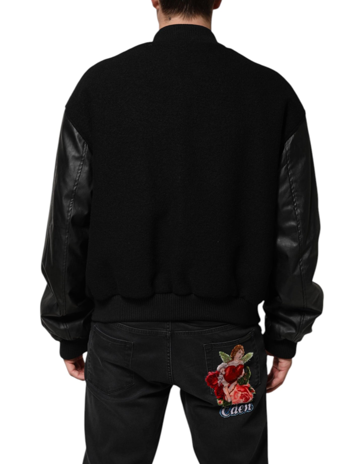 Black Wool Logo Plaque Bomber Jacket