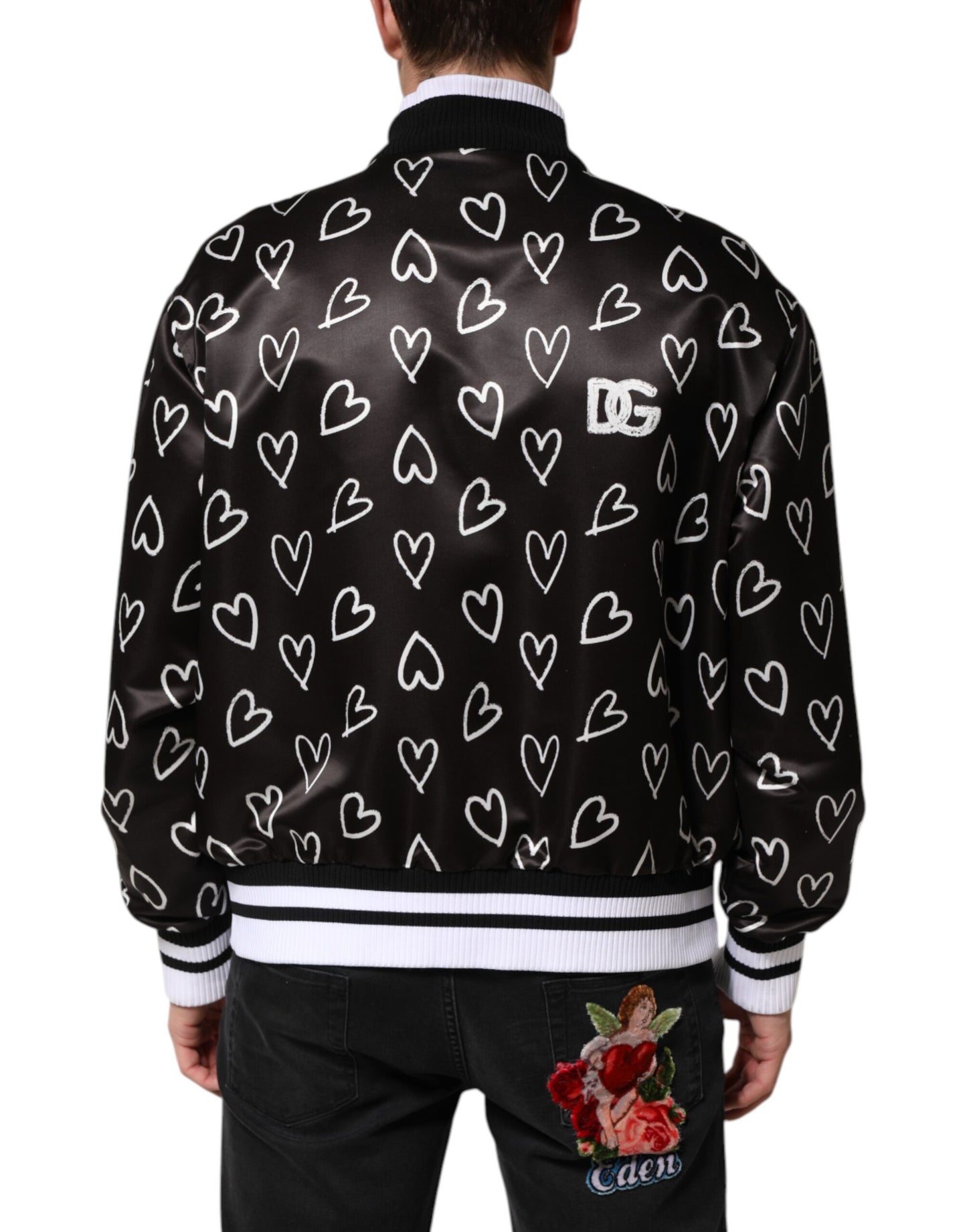 Dolce & Gabbana Black Polyester Heart Print Bomber Jacket