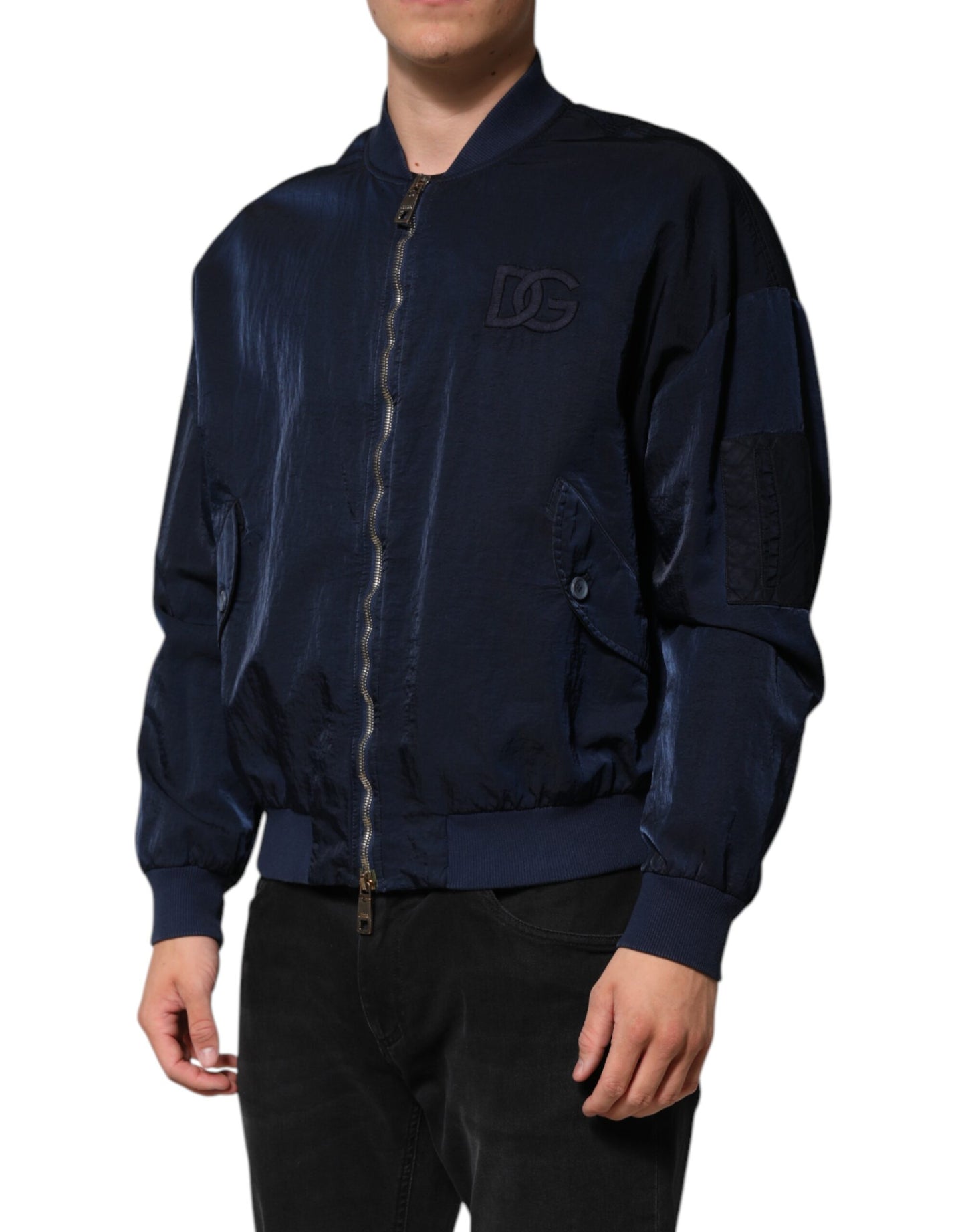 Dolce & Gabbana Blue Nylon DG Embroidery Men Bomber Jacket