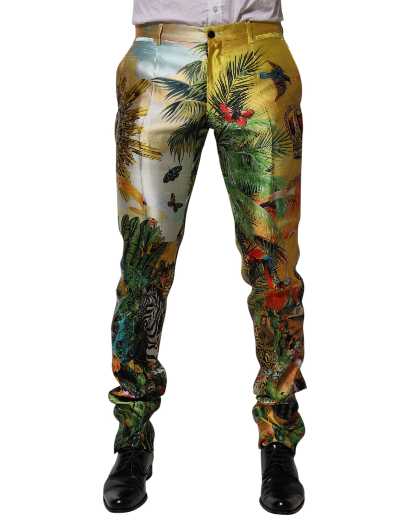 Multicolor Forest Print Silk Skinny Men Pants