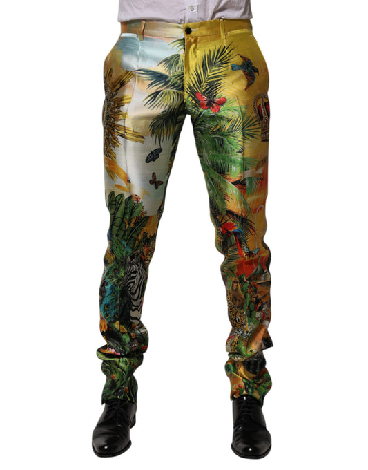 Multicolor Forest Print Silk Skinny Men Pants