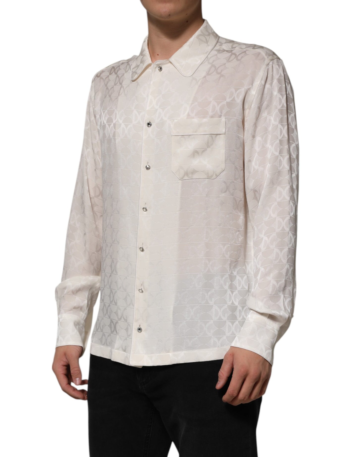 Dolce & Gabbana White Silk DG Logo Print Long Sleeves Shirt