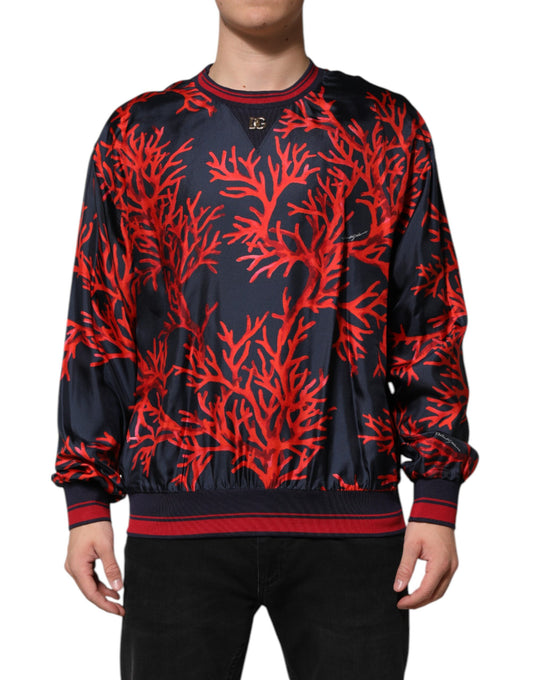 Navy Red Silk Coral Print Pullover Sweater