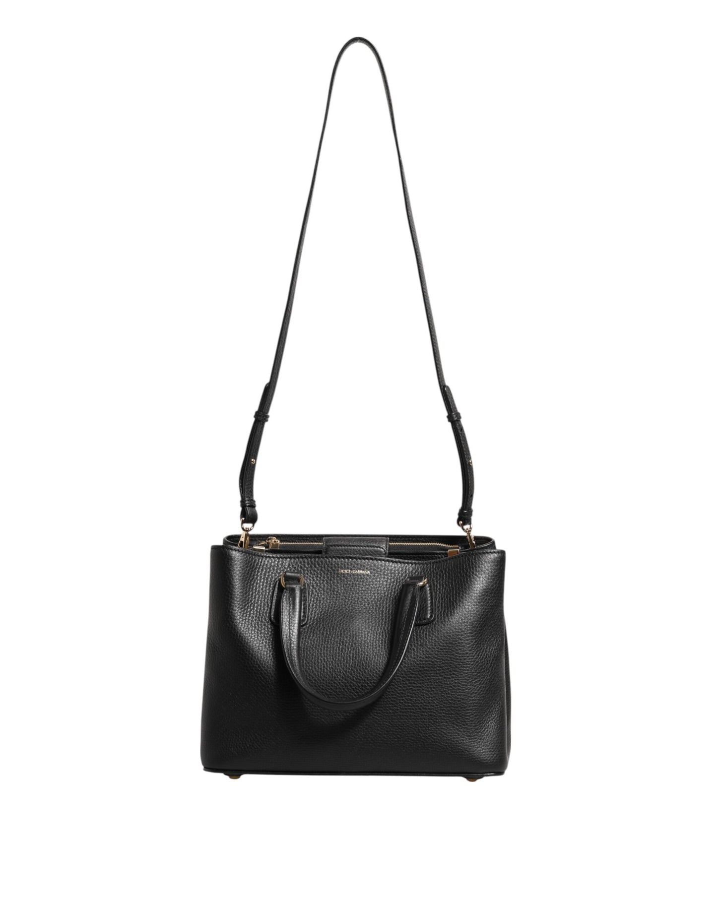 Black Calf Leather Logo Plaque Shoulder Tote Bag