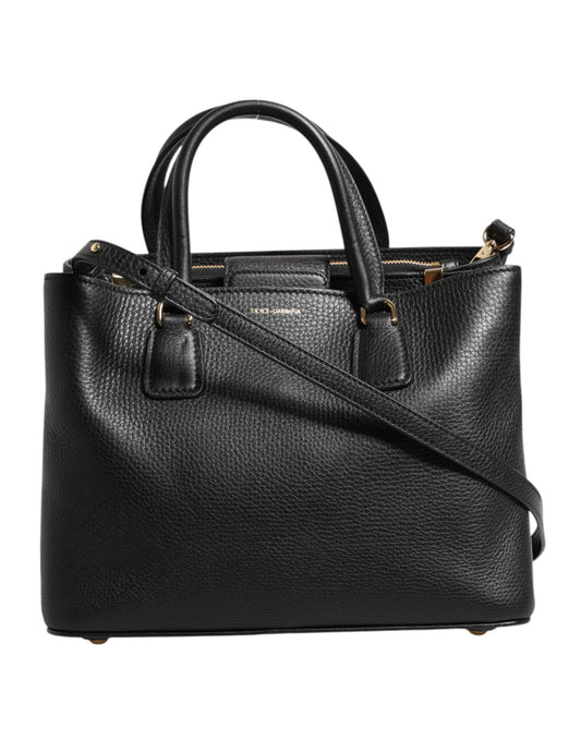 Black Calf Leather Logo Plaque Shoulder Tote Bag