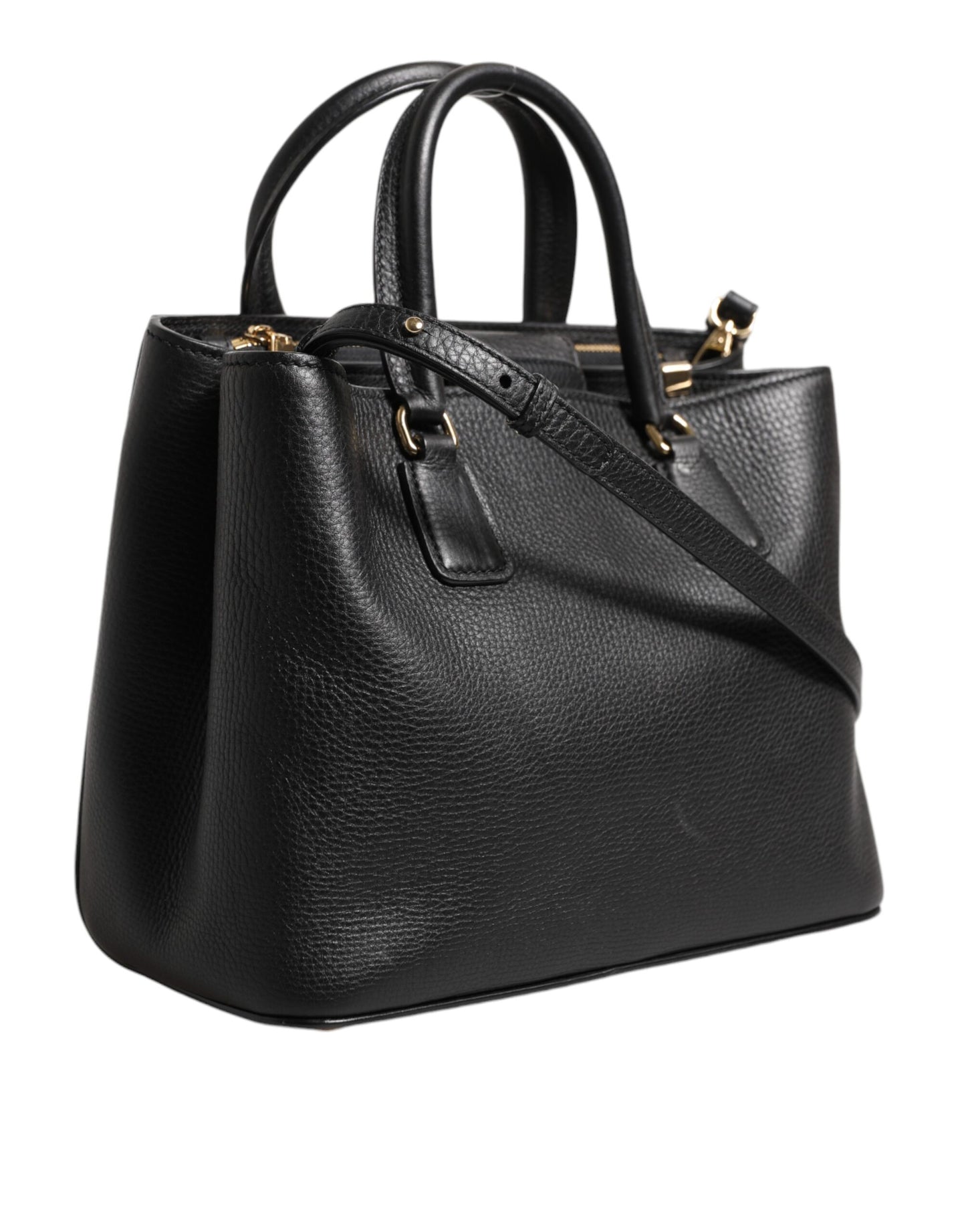 Black Calf Leather Logo Plaque Shoulder Tote Bag
