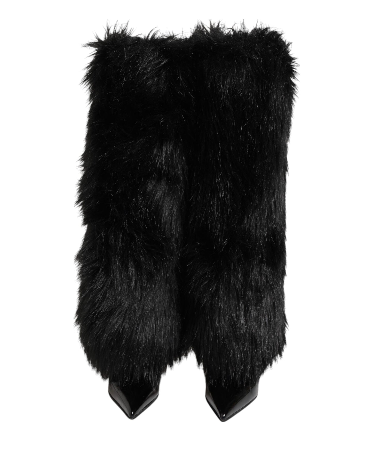 Dolce & Gabbana Black Faux Fur Pointed Knee High Stiletto Boots Shoes