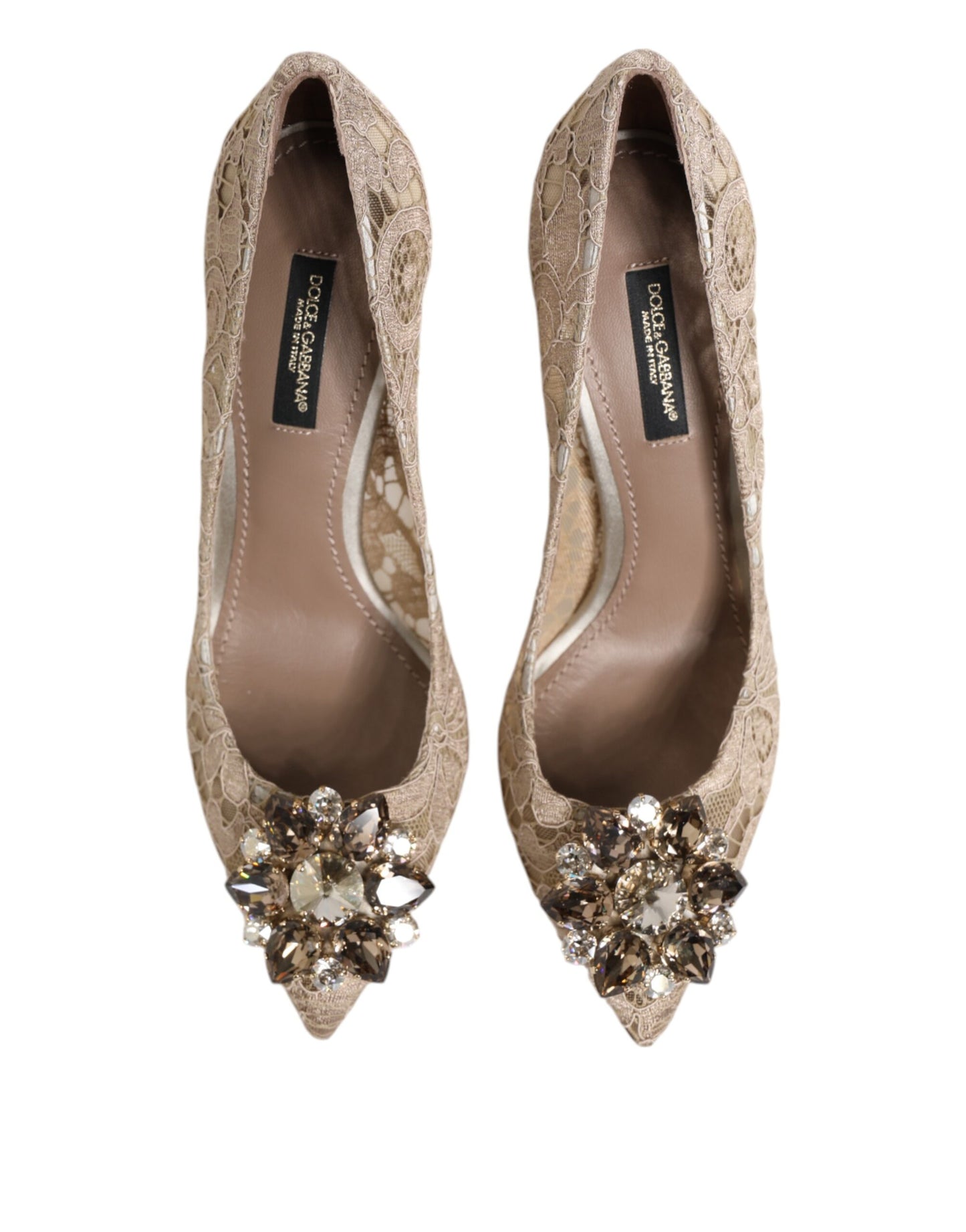 Beige Taormina Lace Crystal Heels Pumps Shoes