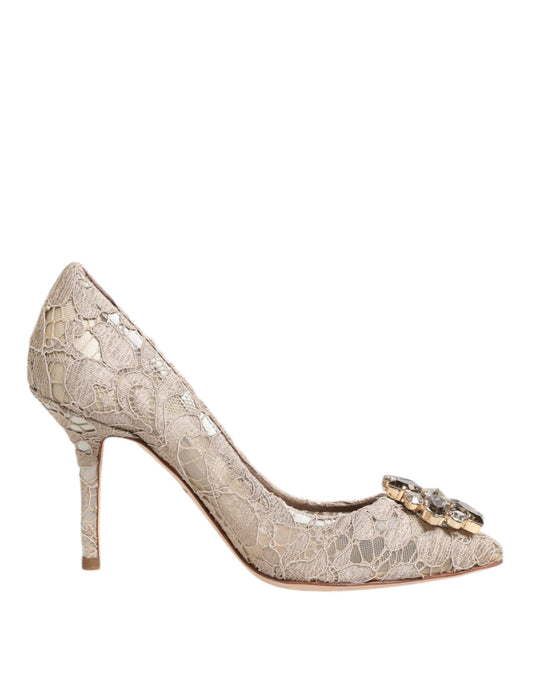 Beige Taormina Lace Crystal Heels Pumps Shoes