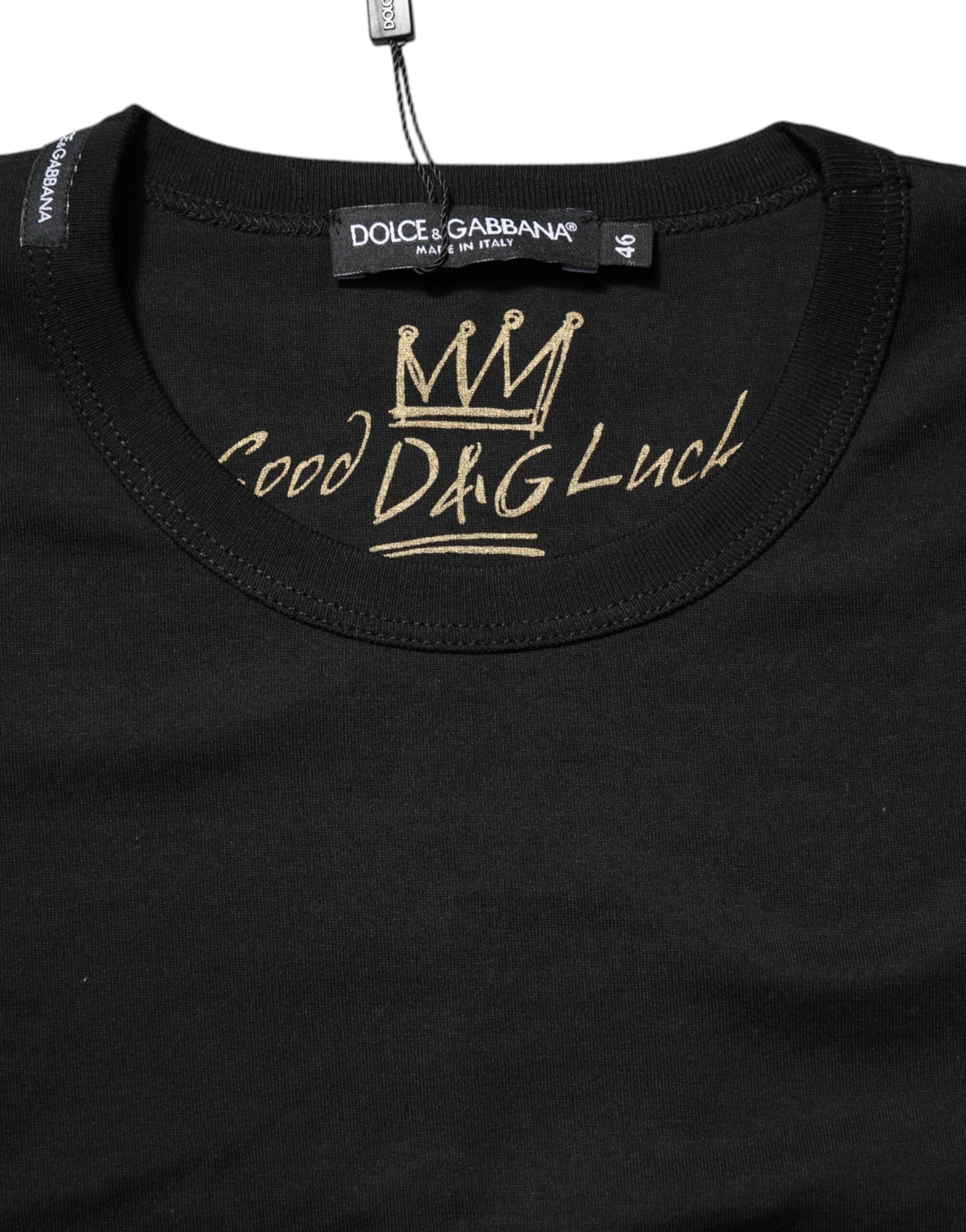 Dolce & Gabbana Black Cotton Goodluck Tee Crew Neck T-shirt