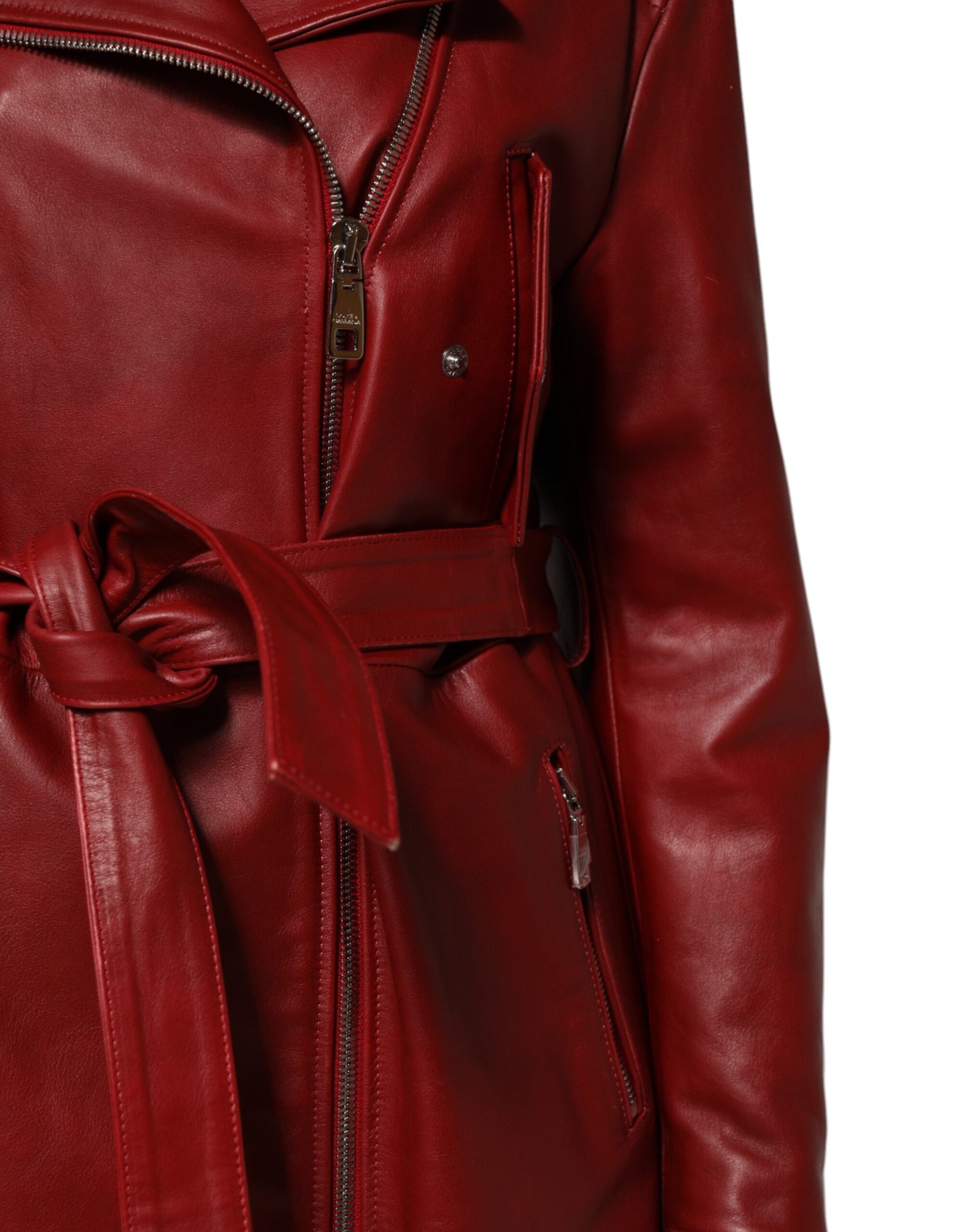 Red Leather Belted Full Zip Trench Coat Jacket