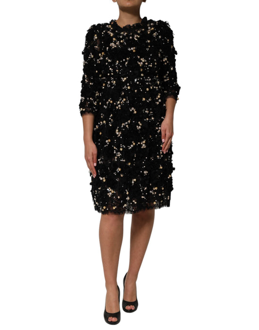 Dolce & Gabbana Black Viscose Pearl Embellishment Shift Dress