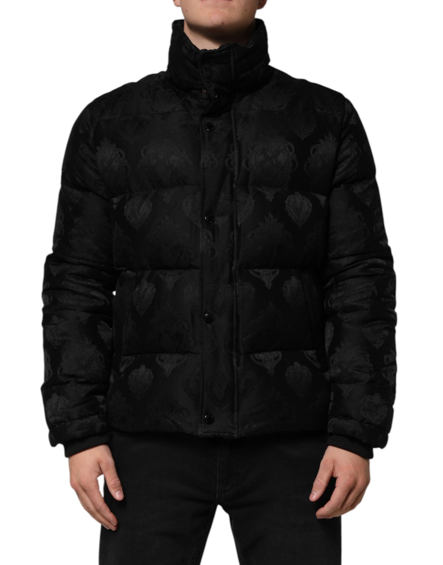 Dolce & Gabbana Black Jacquard Quilted Puffer Bomber Jacket