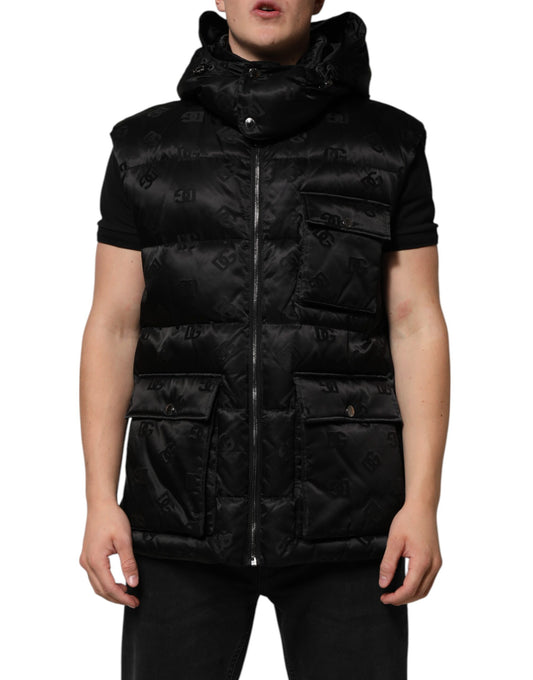 Black Quilted Sleeveless Hooded Vest Jacket