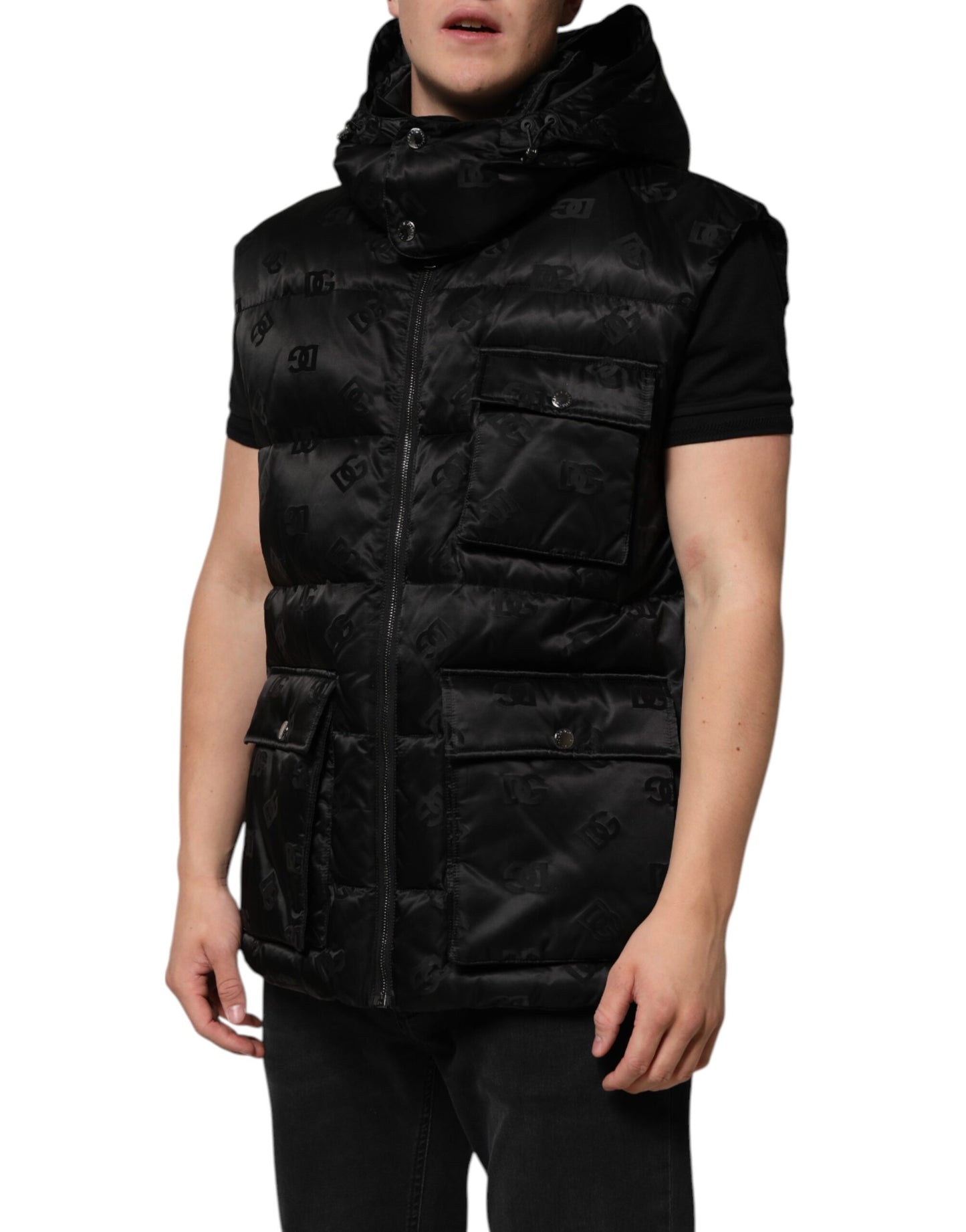 Black Quilted Sleeveless Hooded Vest Jacket