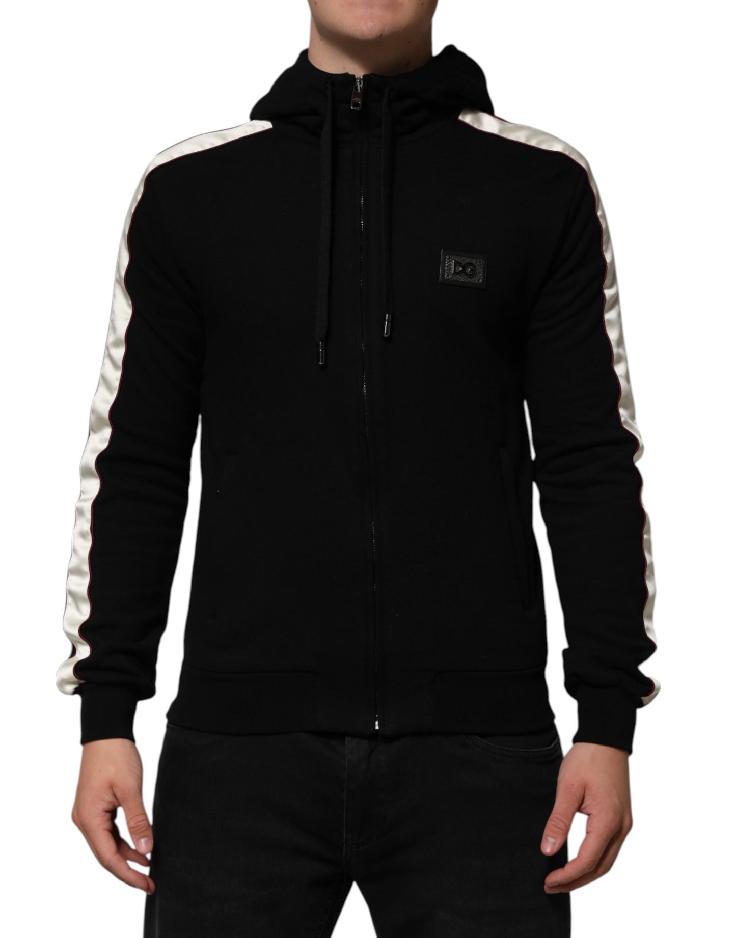 Black Cotton Plaque Track Cardigan Sweater