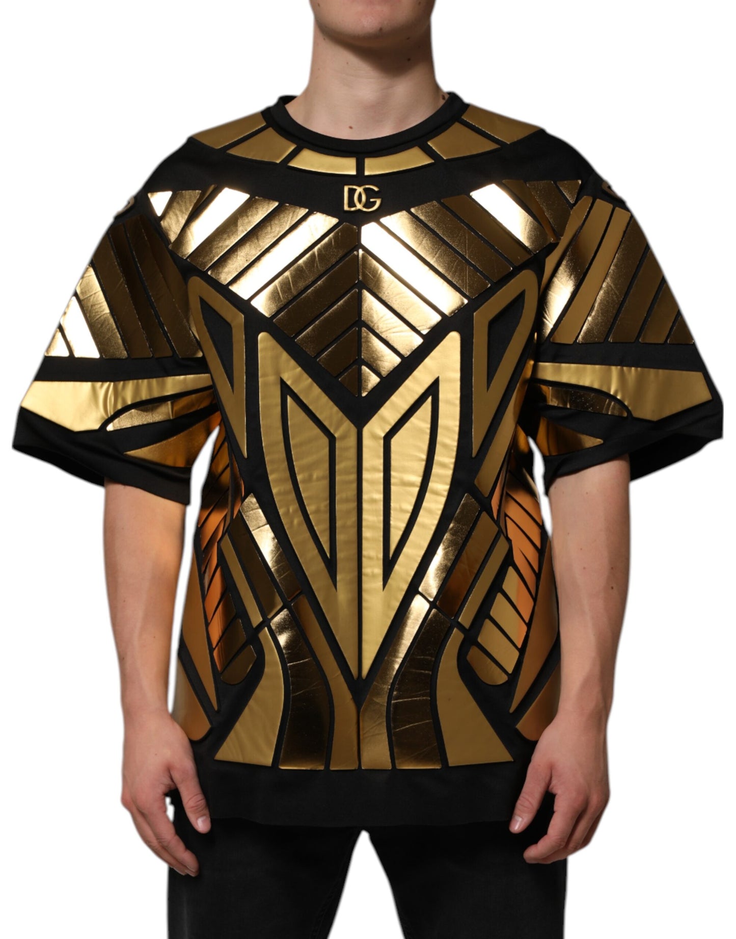 Black Metallic Print Nylon Crewneck T-shirt