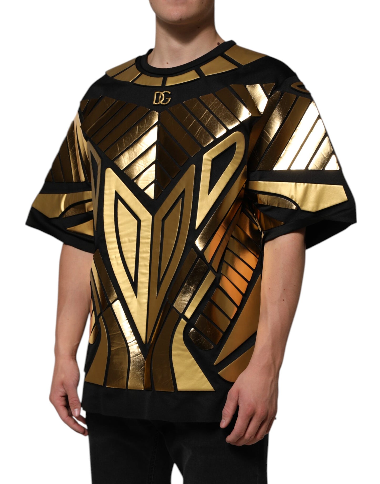 Black Metallic Print Nylon Crewneck T-shirt