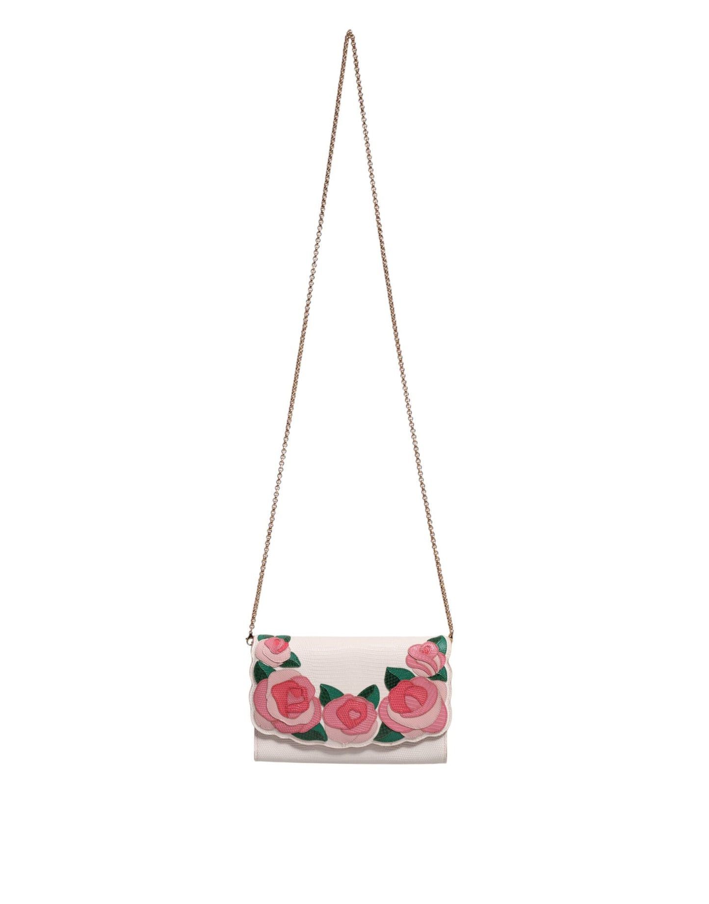 White Floral Leather Wallet Crossbody Gold Chain Bag