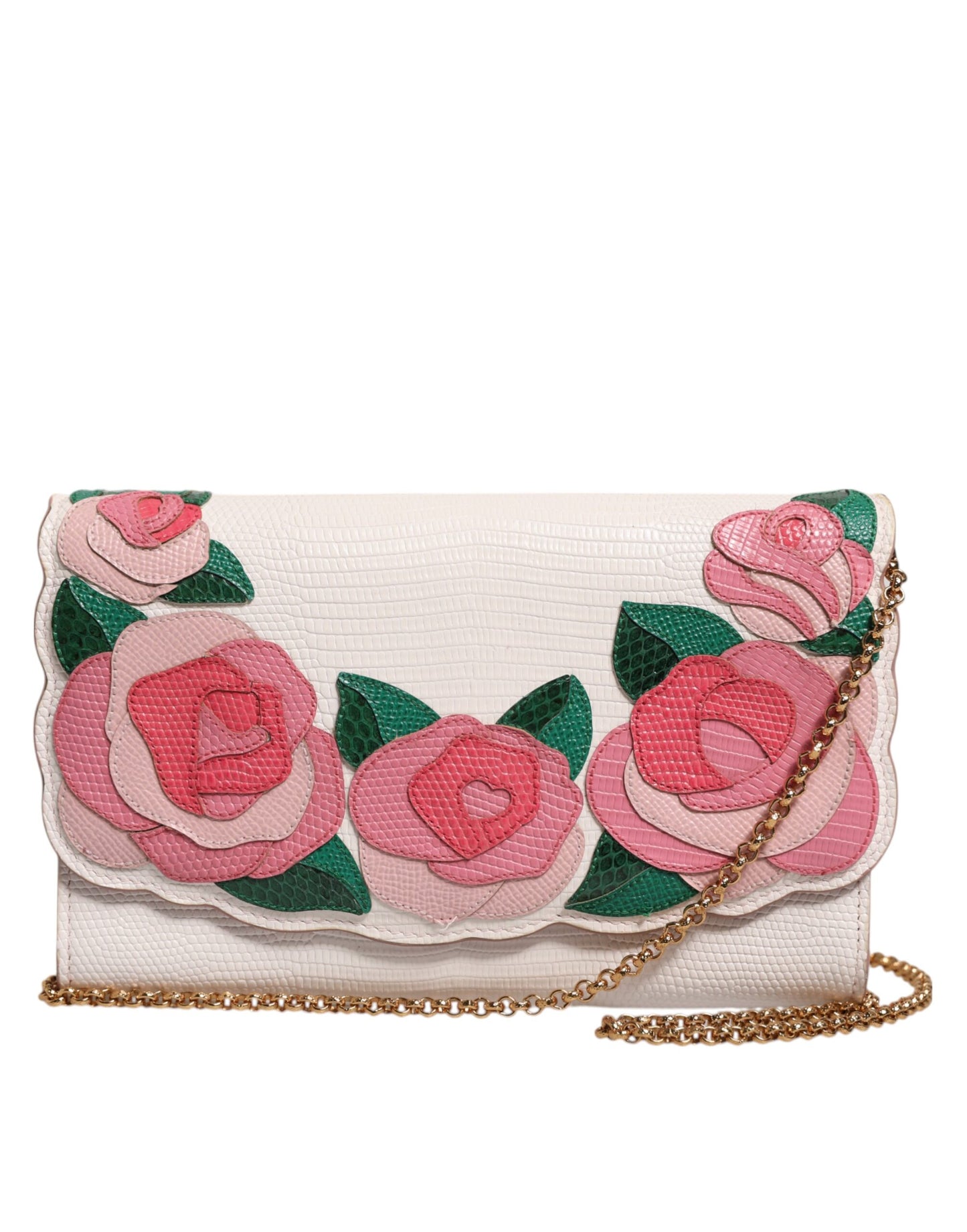 White Floral Leather Wallet Crossbody Gold Chain Bag