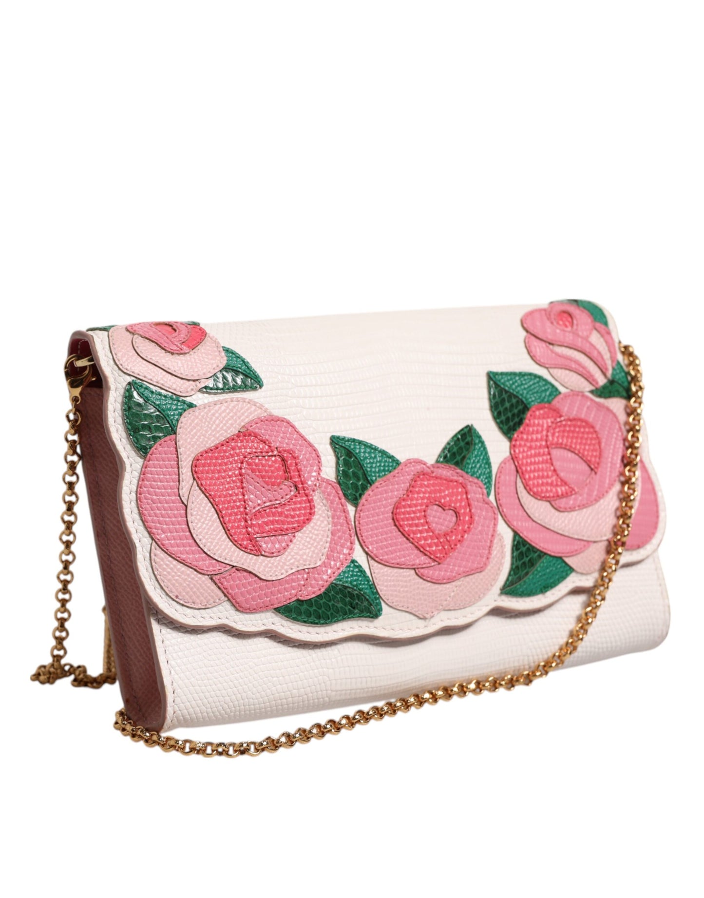 White Floral Leather Wallet Crossbody Gold Chain Bag