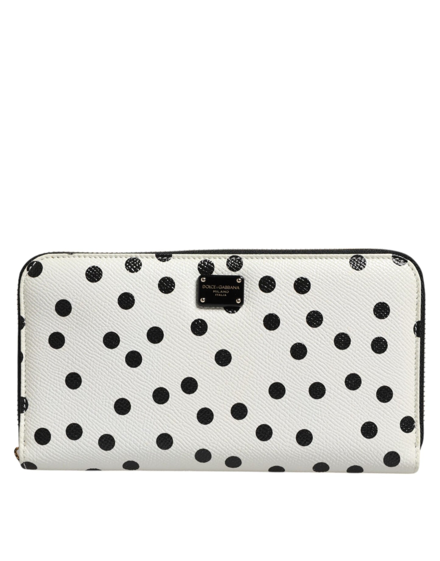 Dolce & Gabbana White Black Dotted Leather Zip Around Continental Wallet