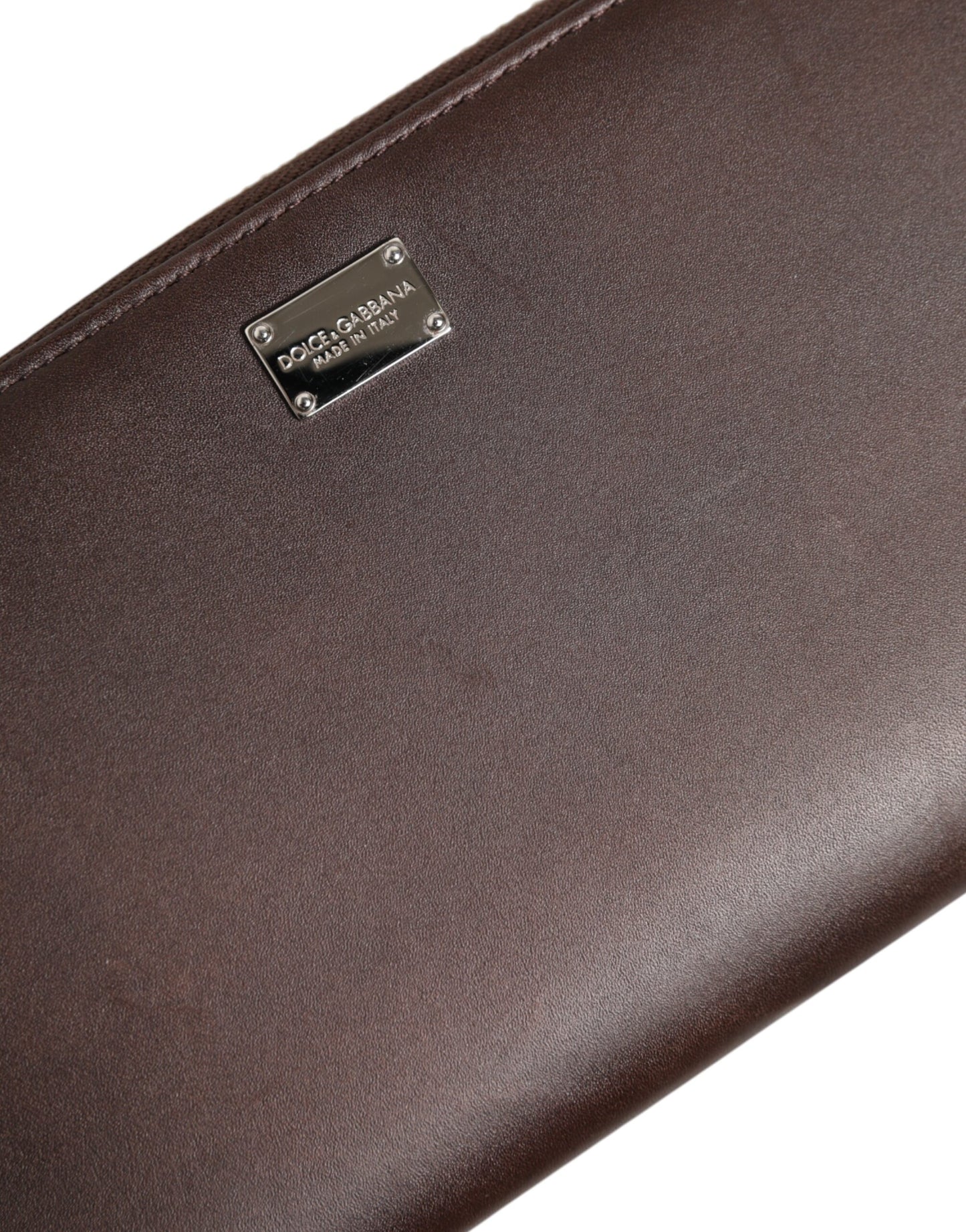 Dolce & Gabbana Brown Calfskin Leather Logo Zip Around Continental Wallet