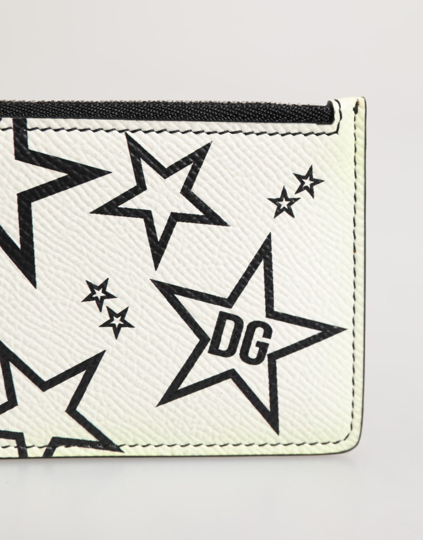 White Leather Douphin DG Logo Star Print Card Holder Wallet