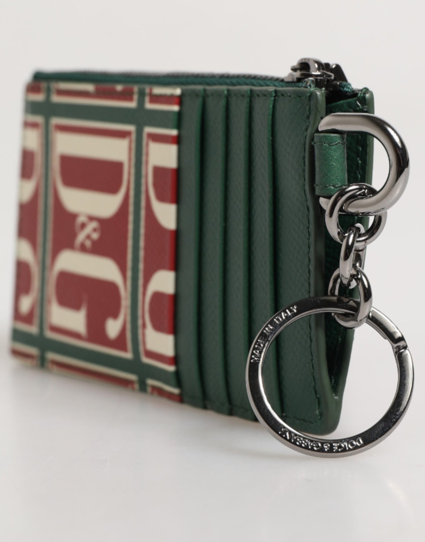 Green Calf Leather Logo Print Monogram Card Holder Wallet