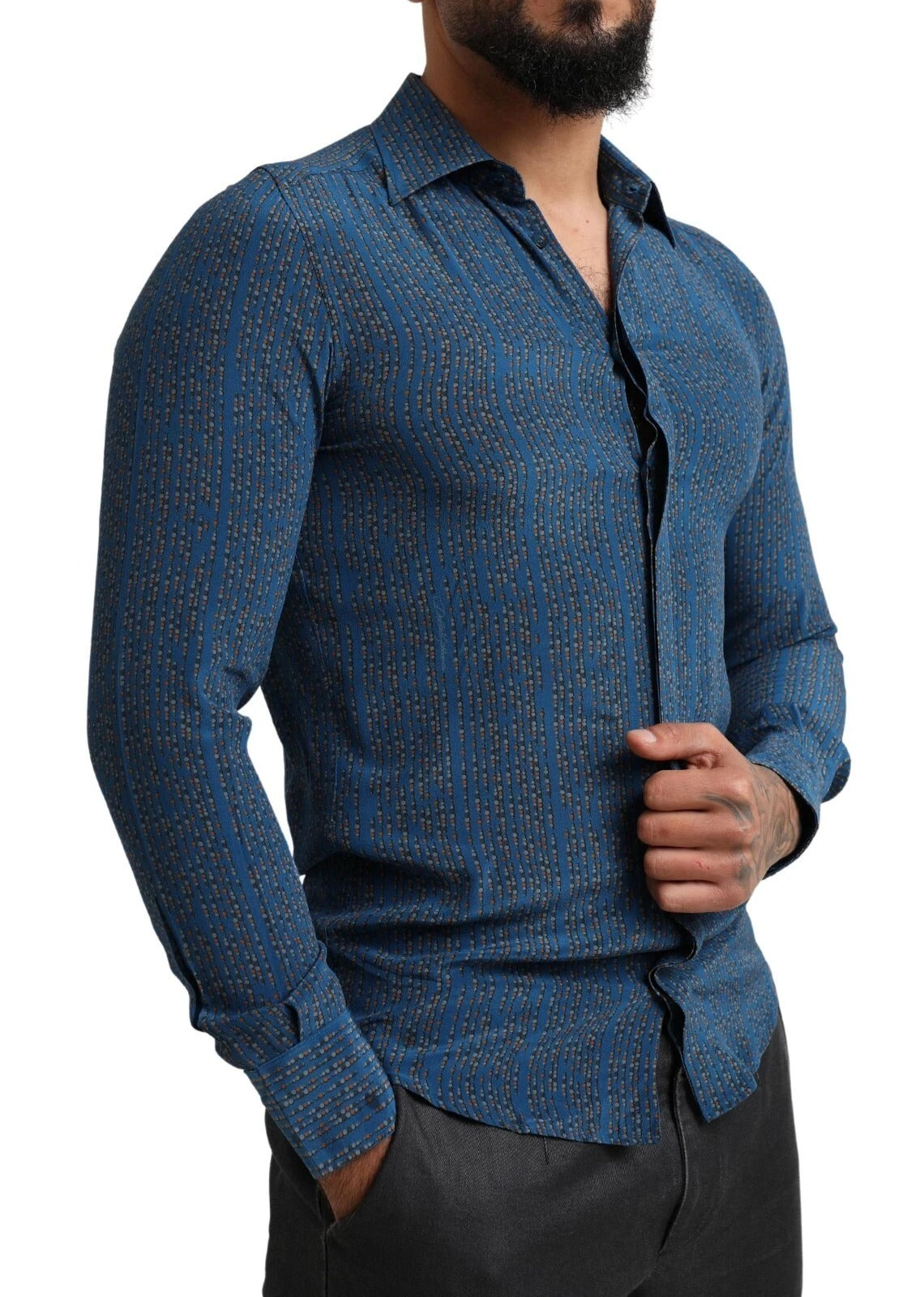 Dolce & Gabbana Blue MARTINI Silk Slim Fit Long Sleeves Shirt