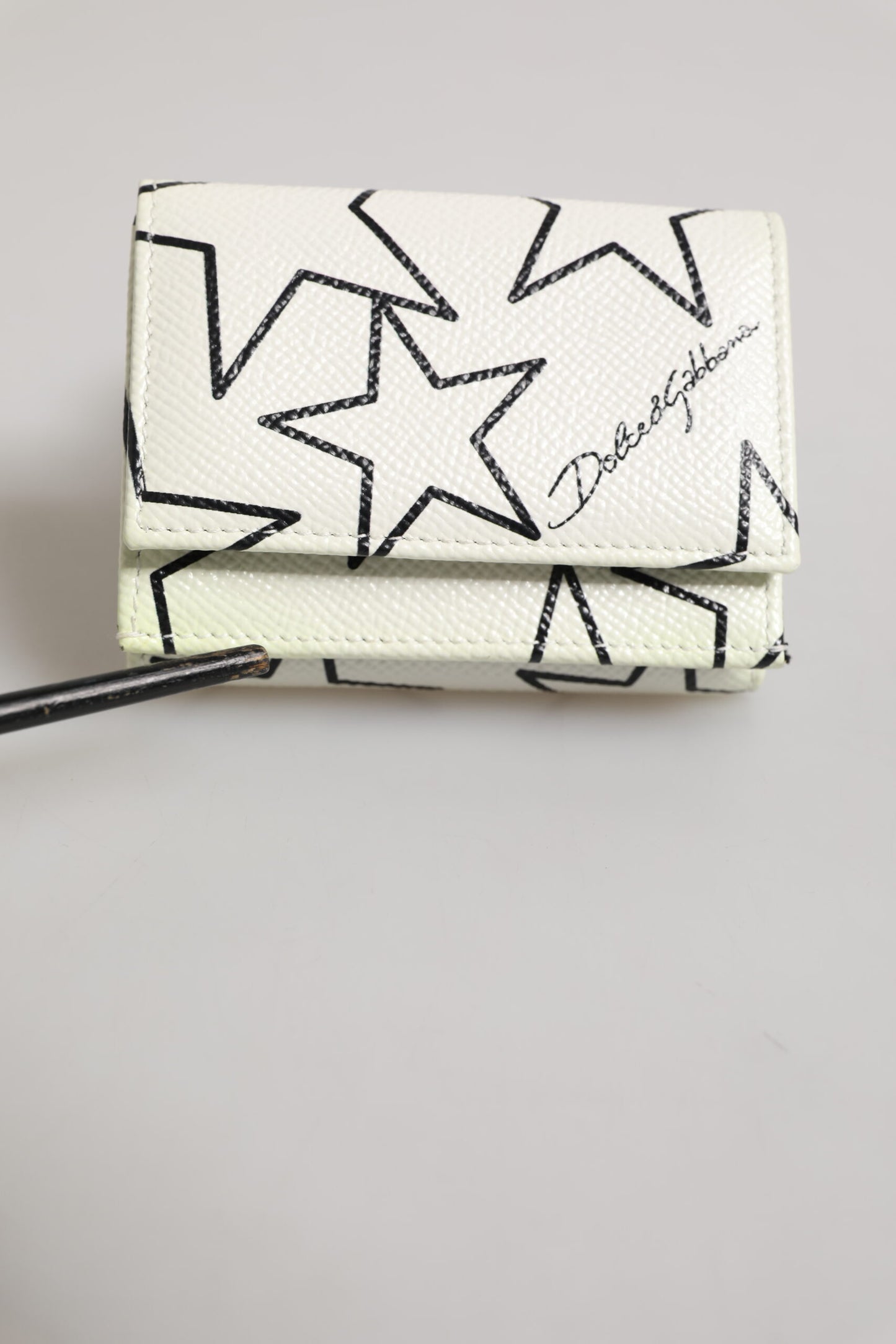 Dolce & Gabbana White Leather Trifold DG Star Print Card Holder Wallet