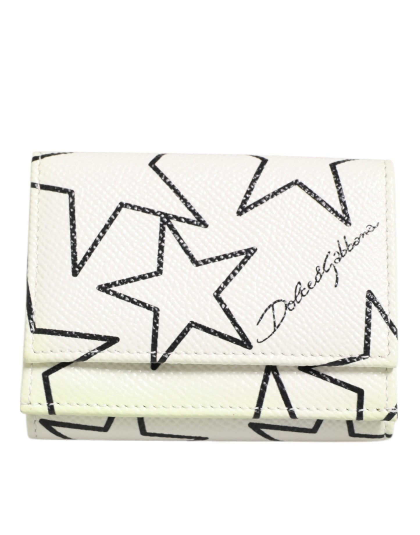 White Leather Black Star Print Trifold Card Holder Wallet