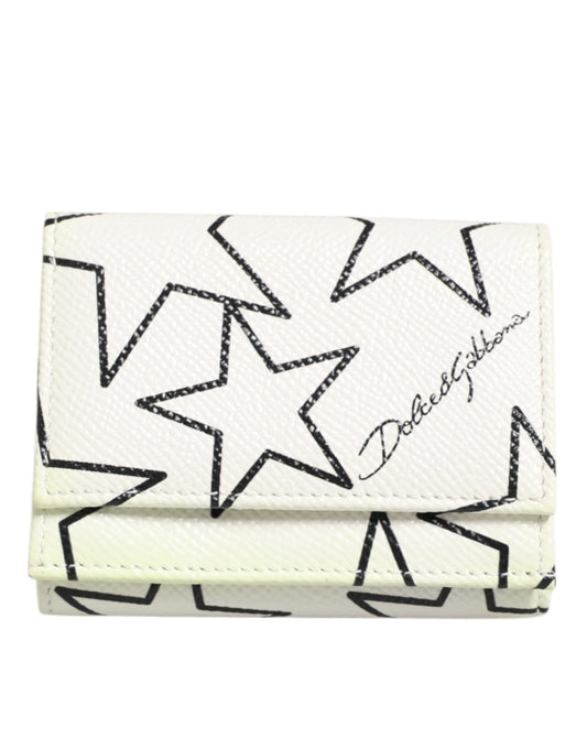 White Leather Black Star Print Trifold Card Holder Wallet