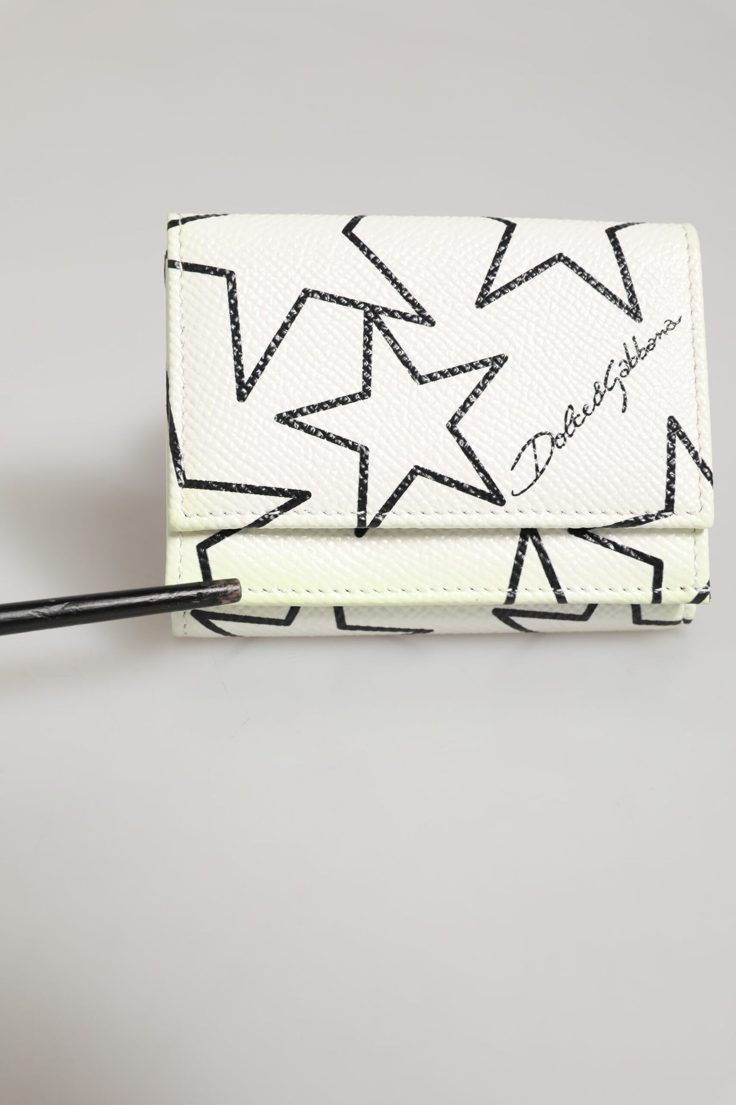 White Leather Black Star Print Trifold Card Holder Wallet