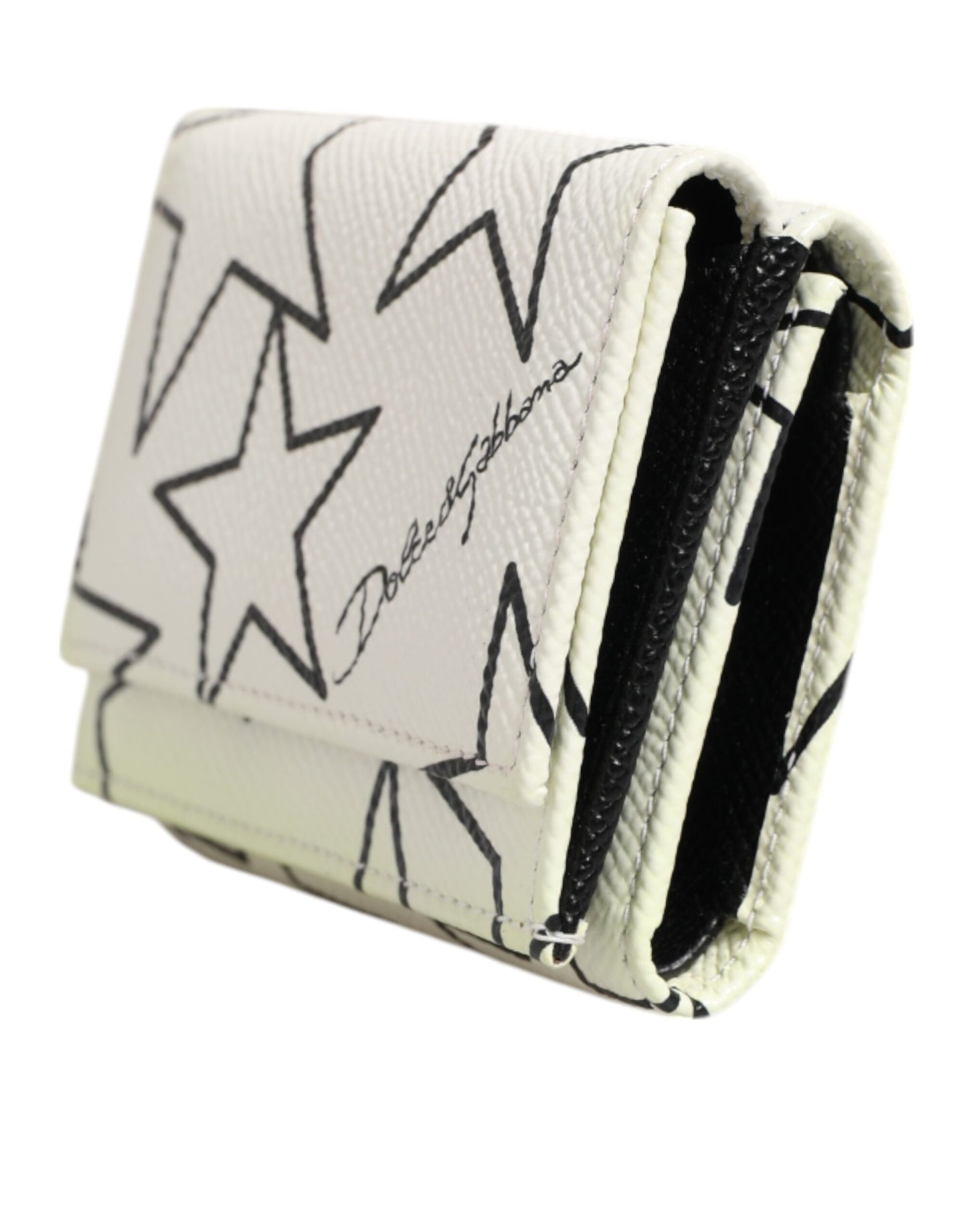 White Leather Black Star Print Trifold Card Holder Wallet