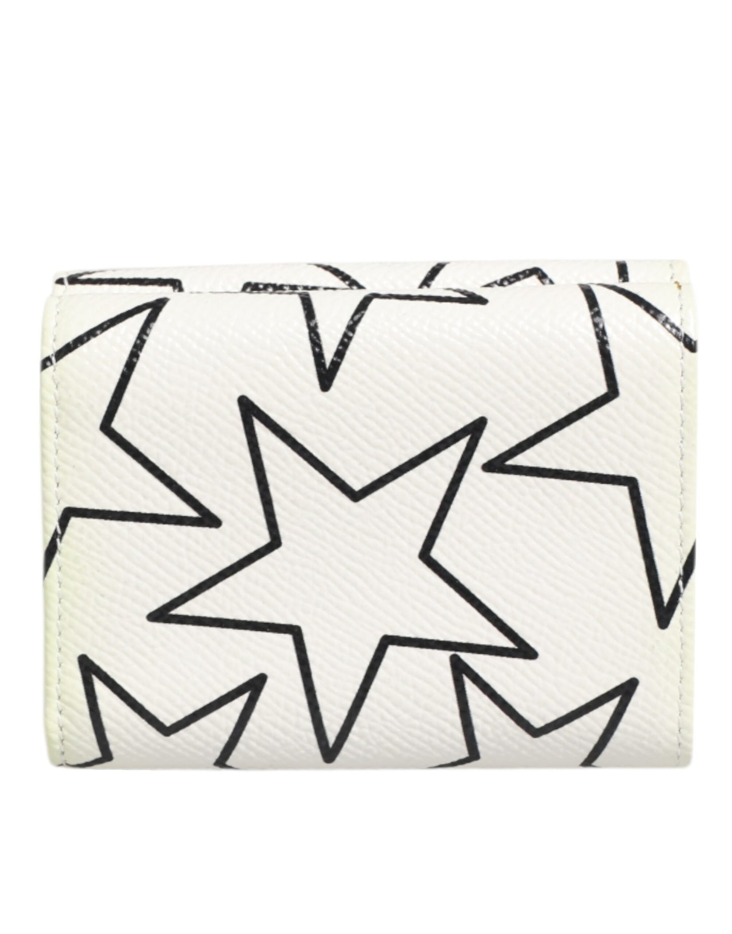 White Leather Black Star Print Trifold Card Holder Wallet