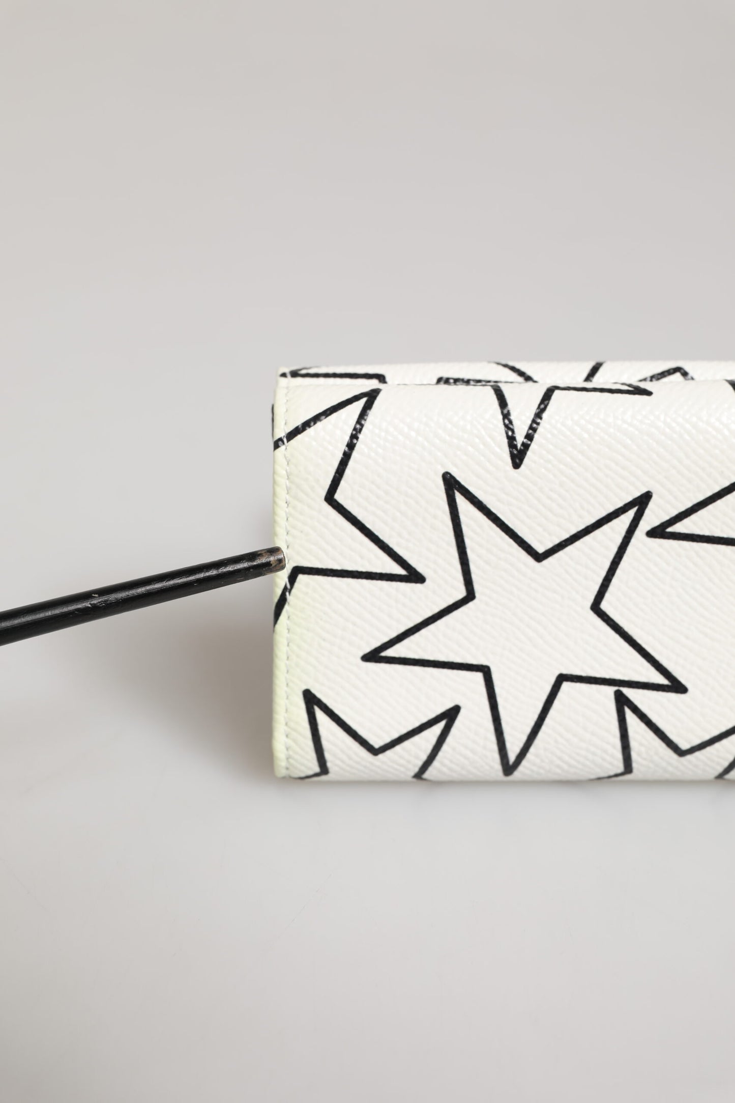 White Leather Black Star Print Trifold Card Holder Wallet