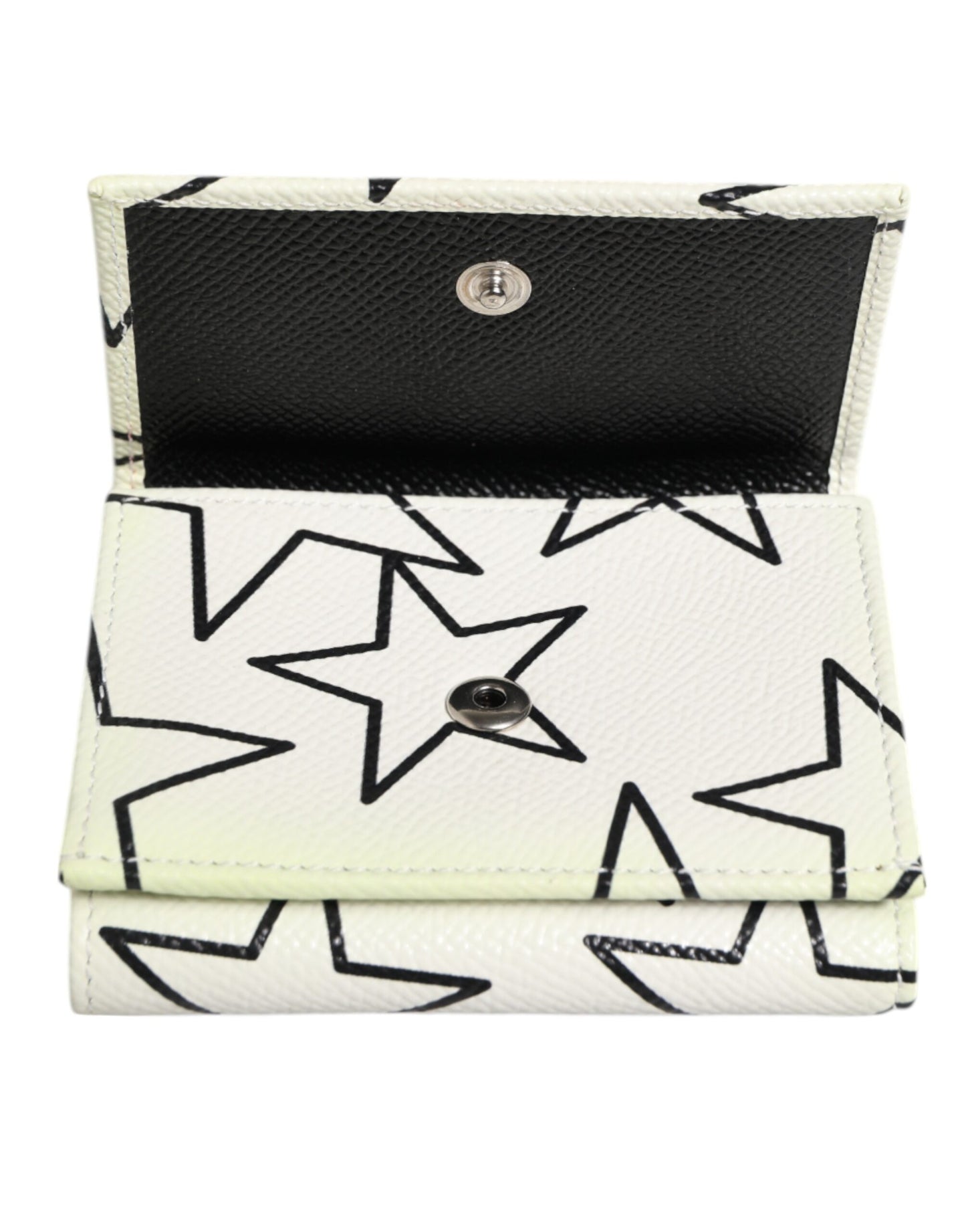 White Leather Black Star Print Trifold Card Holder Wallet