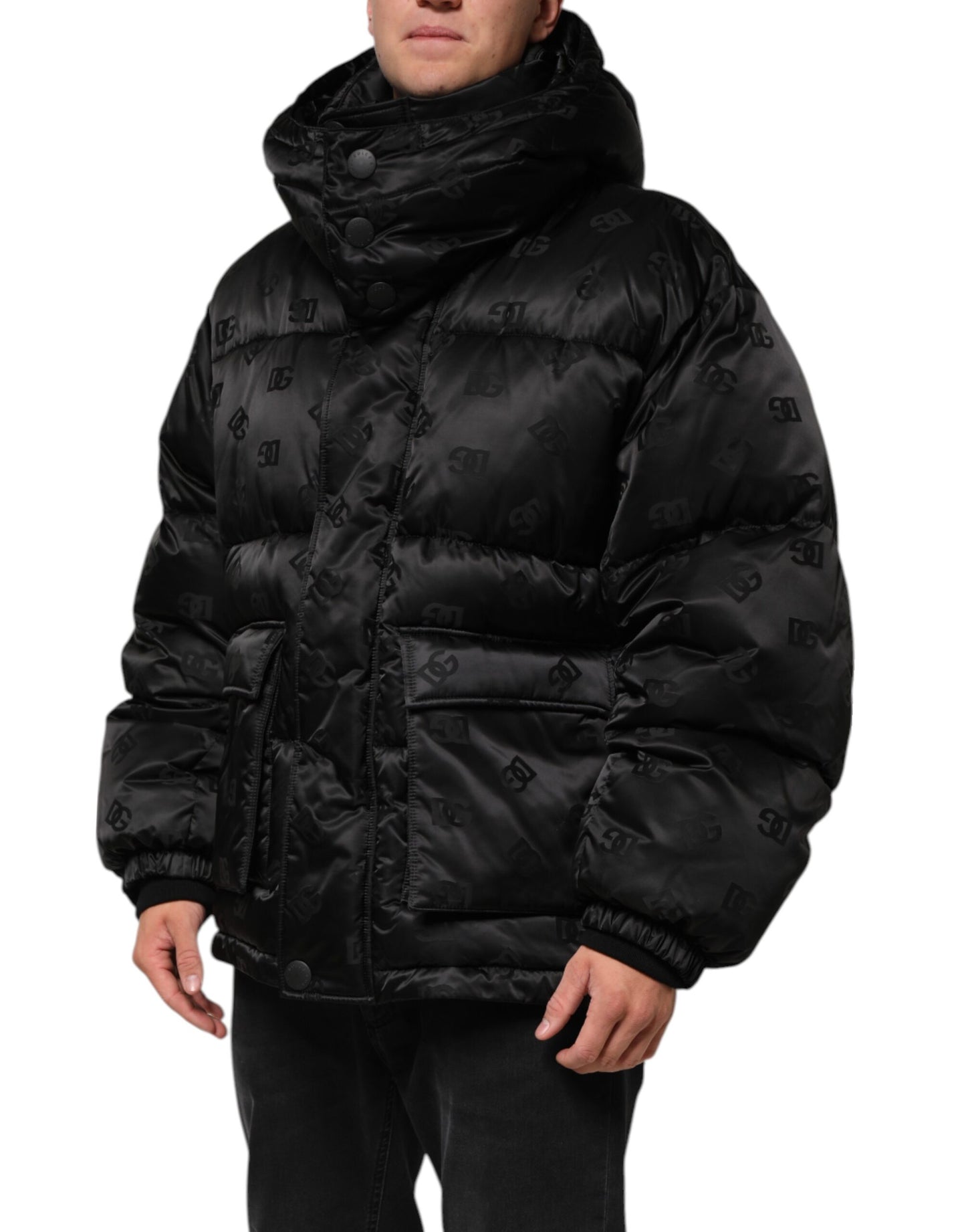 Black Monogram Logo Puffer Nylon Hooded Jacket