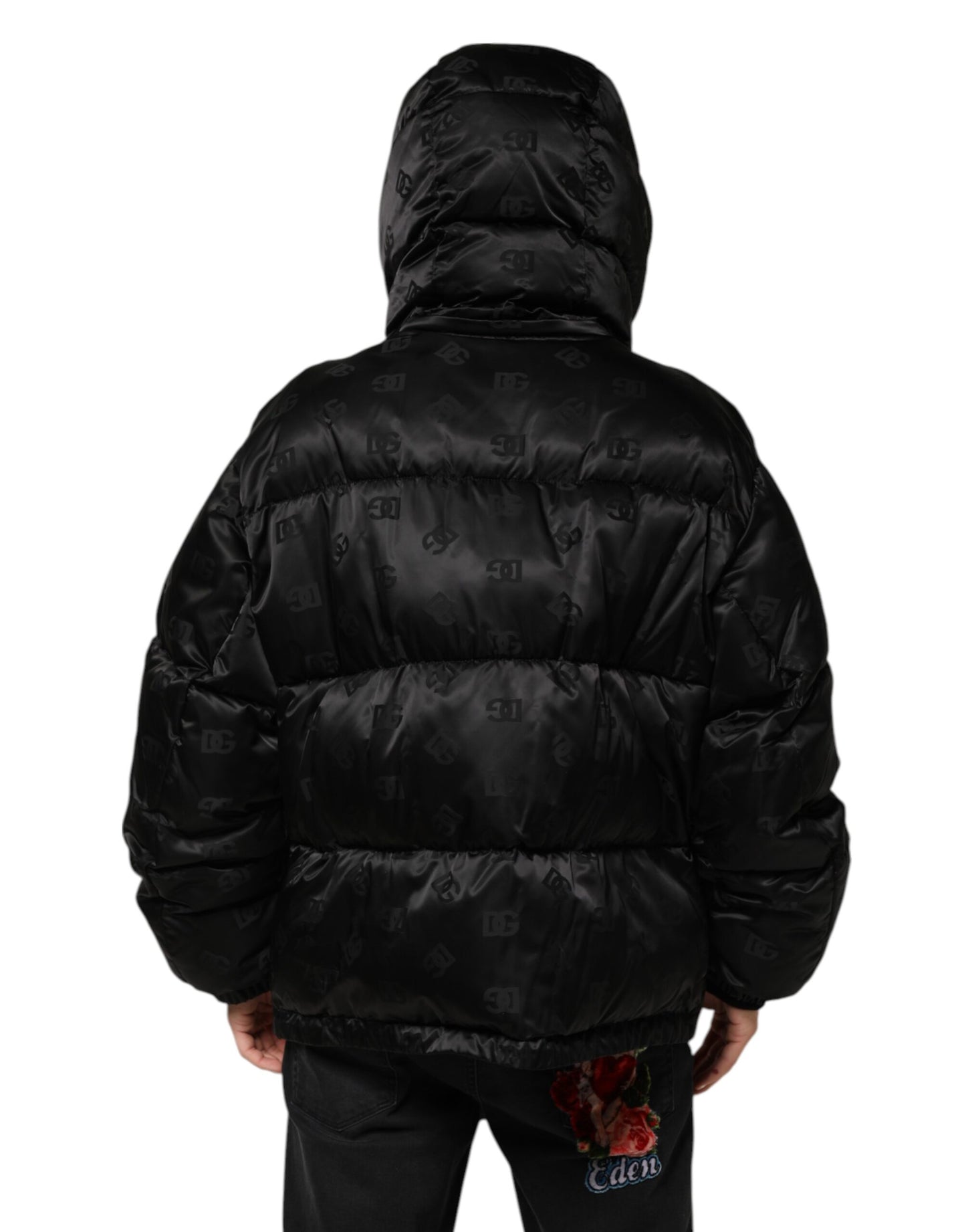 Black Monogram Logo Puffer Nylon Hooded Jacket