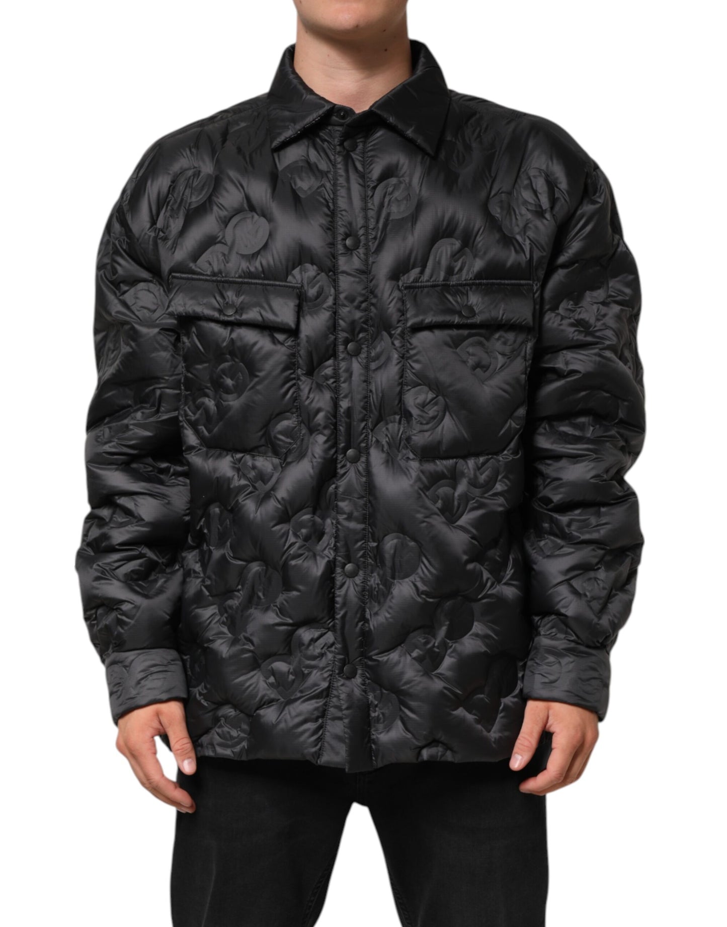Black Quilted DG Logo Nylon Puffer Jacket