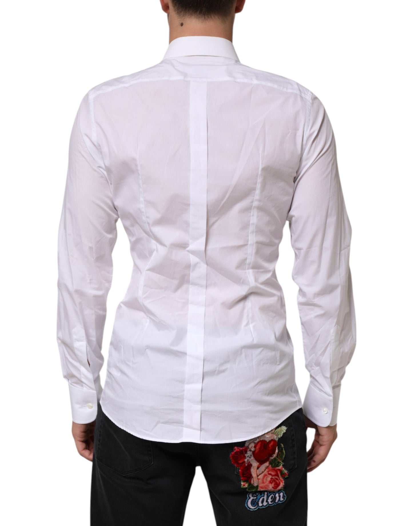 Dolce & Gabbana White Cotton DG Logo Pearl Chain Formal Shirt
