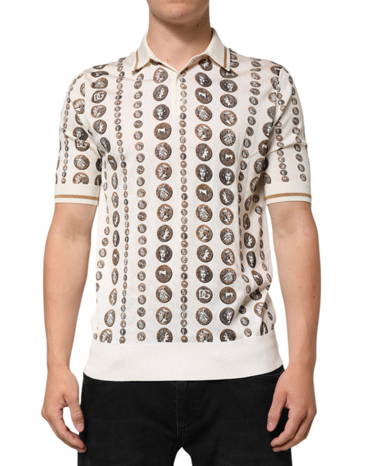 Dolce & Gabbana Silk Ivory Coin Print Logo Men Polo T-shirt