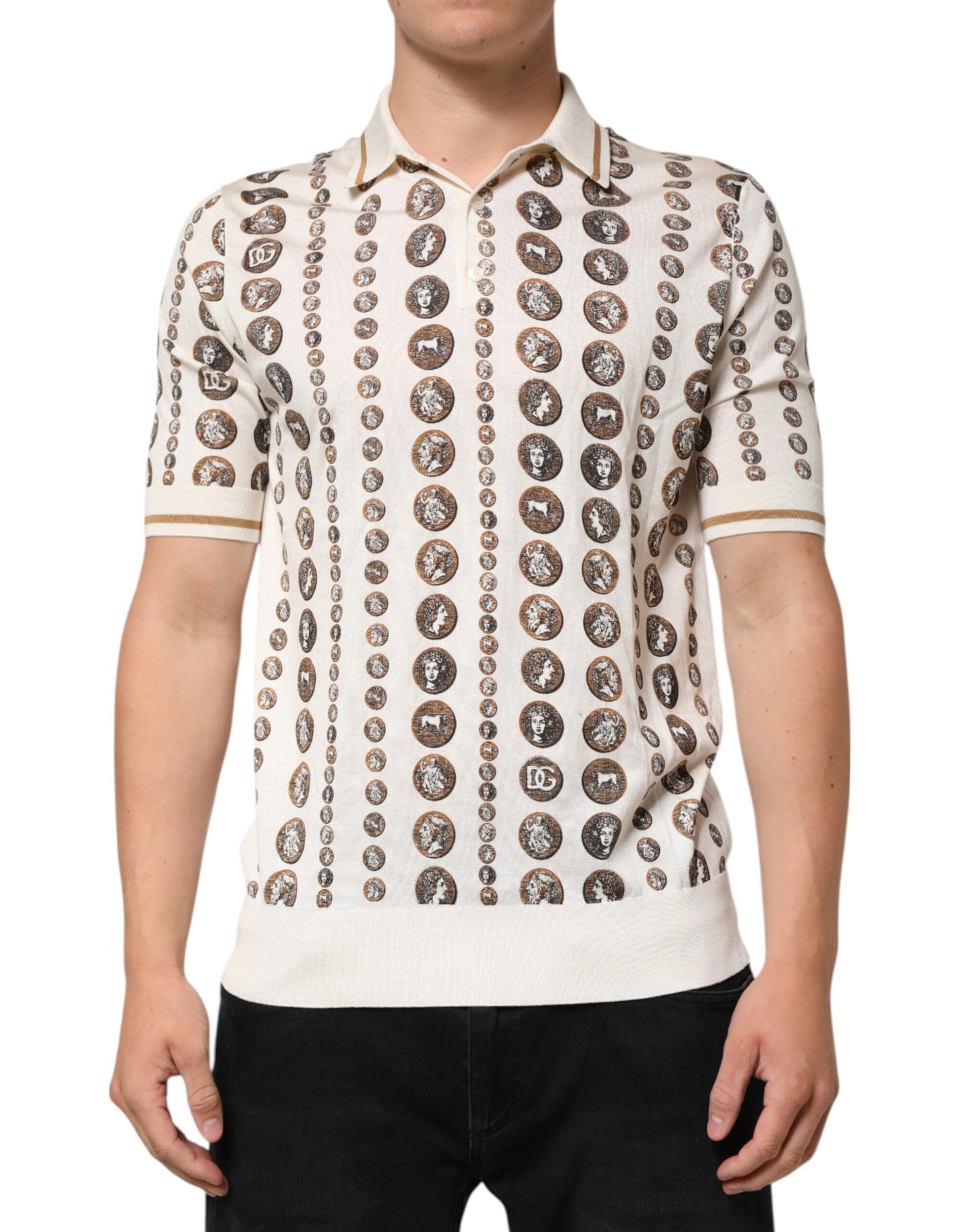 Dolce & Gabbana Silk Ivory Coin Print Logo Men Polo T-shirt