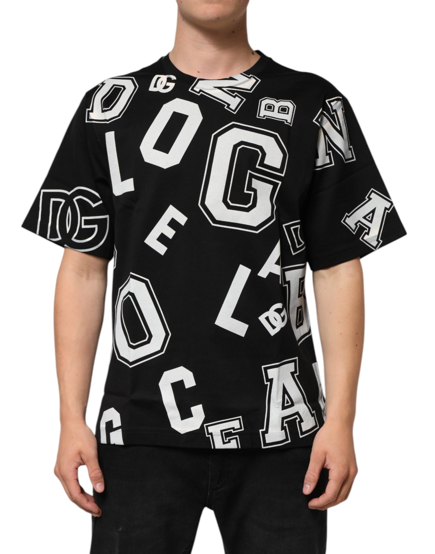 Black Cotton Letter Logo Short Sleeve T-shirt