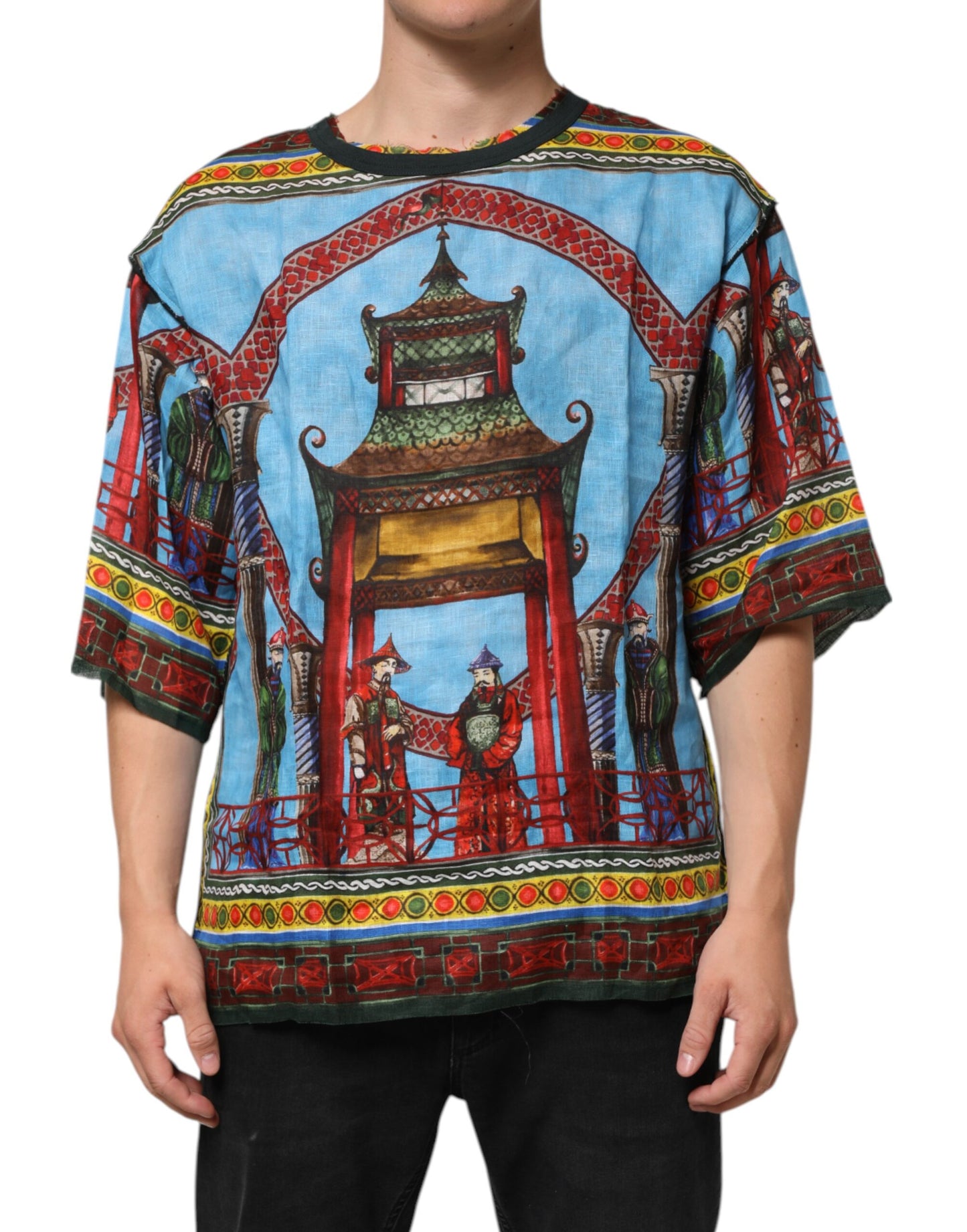 Multicolor Cotton Linen Temple Print T-shirt